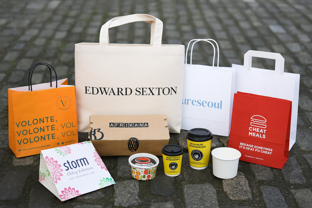 A realistic photo showcasing a variety of branded eco-friendly packaging products—cotton tote bags, paper bags, takeaway boxes, and compostable food containers—arranged on an urban cobbled backdrop.