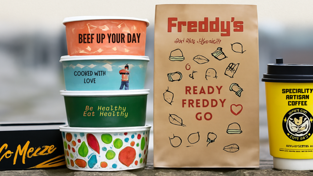 Stack of four illustrated food tubs with branded slogans, a kraft paper bag labeled “Freddy’s – READY FREDDY GO” with food doodles, and a yellow coffee cup reading “SPECIALITY ARTISAN COFFEE” with a circular chef logo.